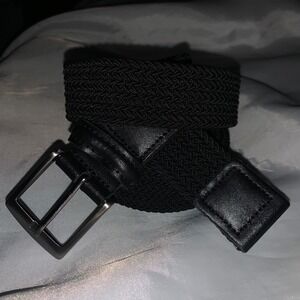 Mens Black Braided Elastic Stretch Belt Leather Trim Silver Buckle Size 40 13